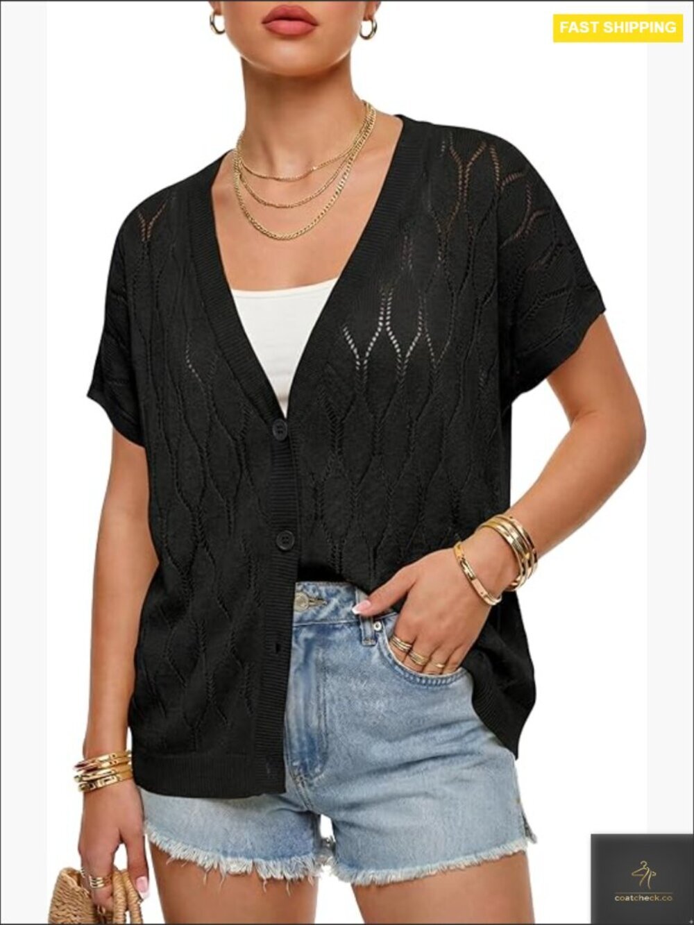Oversized Crochet Cardigan Sweater Short Sleeve Button Beach Cover Up
